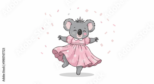 A charming cartoon koala, adorned with a crown, twirls happily in a pink dress