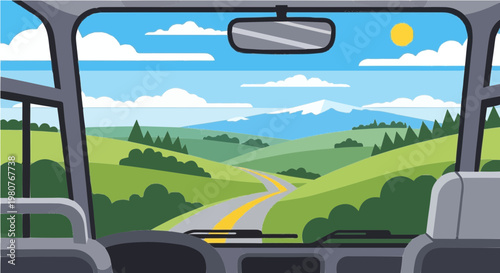 Car interior driving through sunny green countryside landscape