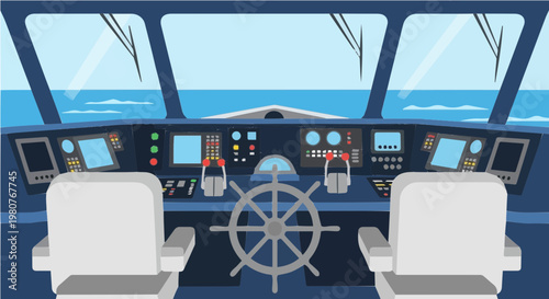 Ship bridge interior with steering wheel and wide ocean view windows