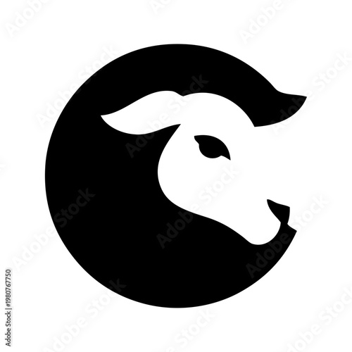 Logotipo con dibujo minimalista de la silueta de la cabeza de una oveja en un círculo en espacio negativo 