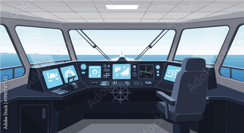 Ship bridge cockpit with captain chairs and ocean view controls
