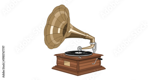 Classic brown wooden gramophone with large horn and crank handle illustration