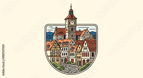 A charming European village scene unfolds within a shield, featuring a clock tower