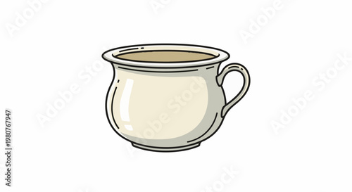 A charming cartoon-style white cup with a light brown liquid inside and a handle