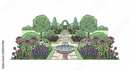 A charming garden path with blooming roses, lavender, and a central fountain