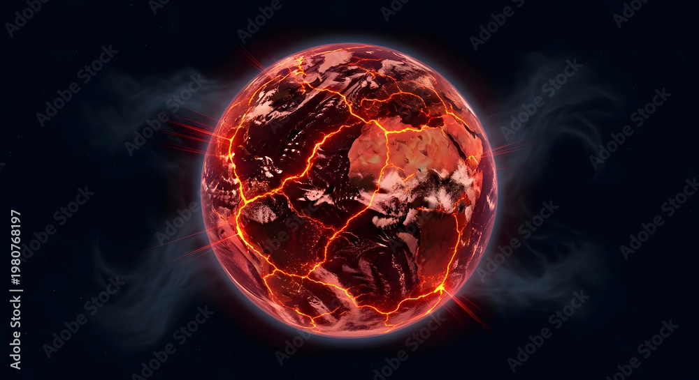 Fototapeta premium A fiery, cracked planet emits smoke, symbolizing destruction and cataclysmic change, a powerful visual metaphor for global crisis