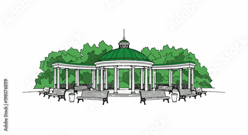 A charming gazebo with surrounding benches and lush green trees