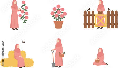 Vector illustration of person in pink dress and headscarf engaged in gardening and rural outdoor activities