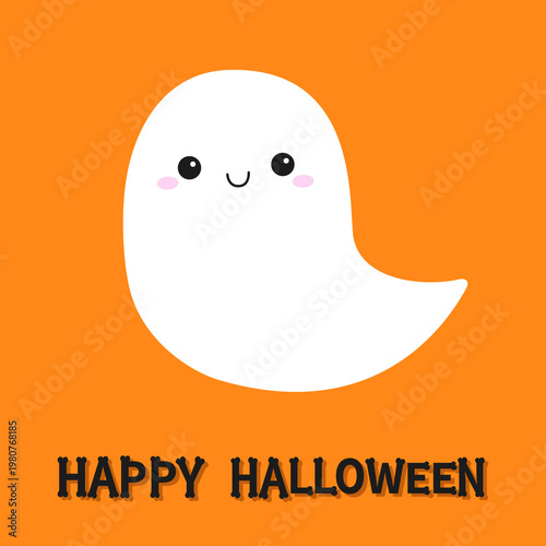 Flying ghost spirit. Happy Halloween. Scary white ghosts. Cute cartoon spooky character. Smiling face. Greeting card. Childish style. Simple Flat design. Isolated. Orange background. Vector