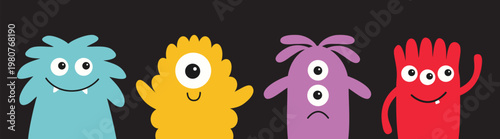Monster set line. Happy Halloween. Cute cartoon funny character. Colorful silhouette monsters. Kawaii face with teeth, horns, eyes, hands. Childish collection. Flat design. Black background. Vector