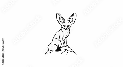 A black and white line drawing of a fennec fox sitting on a rock
