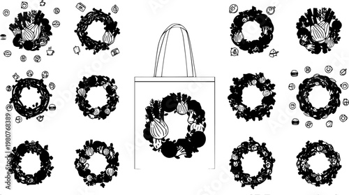 This minimalist vector illustration features a set of botanical wreaths decorated with fresh farm vegetables and various food icons displayed on a reusable tote bag.