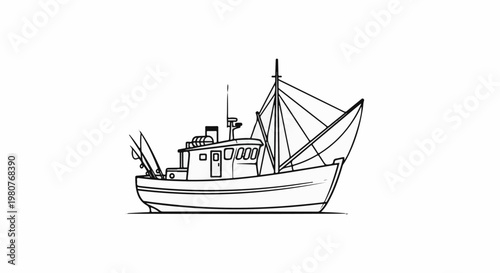 A black and white line drawing of a fishing vessel