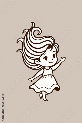 Logotipo de boutique de moda infantil. Dibujo minimalista con líneas de una niña sonriente saludando con la mano y con el cabello ondulado 