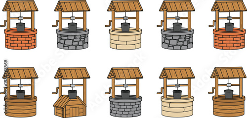 Vector illustration of traditional water wells with varied architectural styles and materials in decorative design