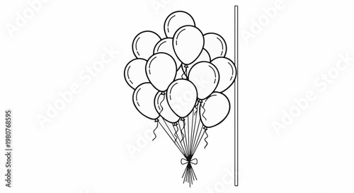 A bunch of balloons tied with a ribbon, tethered to a pole
