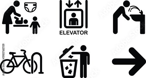 Public Information Signage Icons Set Featuring Baby Changing Station, Elevator, Drinking Water Fountain, Bicycle Parking, Trash Bin, and Directional Arrow.