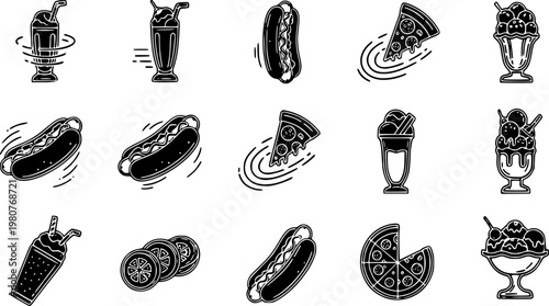 A set of delicious fast food meal icons featuring vector illustrations of hot dogs pizza slices ice cream sundaes and refreshing milkshakes in black style.