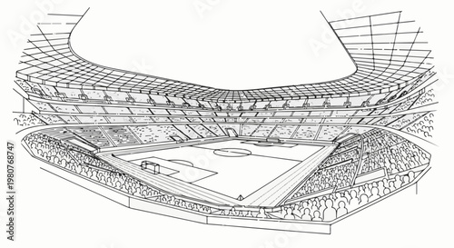 A black and white line drawing of a grand sports stadium filled with spectators