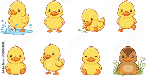 Colorful vector illustration of cute duckling characters symbolizing playfulness, diversity, and nature