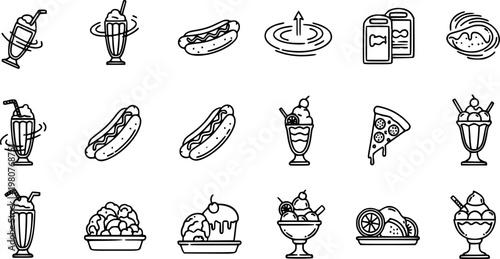 Minimalist vector illustration set featuring various food and beverage line icons including hot dogs milkshakes pizza slices and delicious dessert sundaes for creative projects