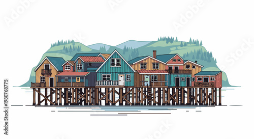 A charming pixelated illustration of stilt houses over water with hills