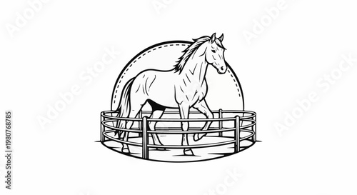 A black and white line drawing of a horse in a circular corral