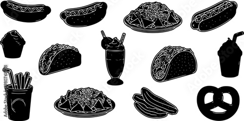A diverse collection of popular fast food and snack items, including hot dogs, tacos, nachos, and sweets, presented as a black and white vector graphic illustration.