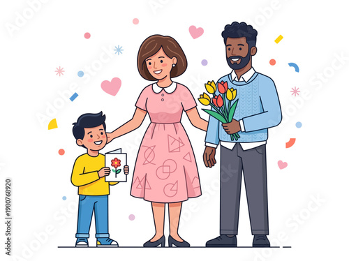 Happy Multiethnic Family Celebrating Mother's Day with Flowers and Card Vector Illustration