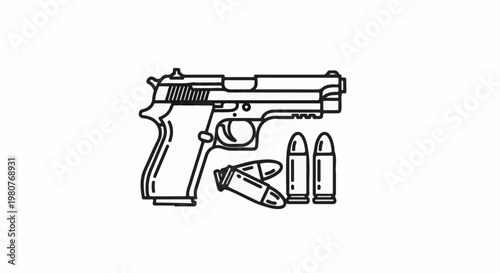 A black and white line drawing of a pistol and three bullets