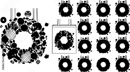 This creative vector illustration features a collection of organic vegetables arranged into a wreath shape alongside a reusable tote bag icon for grocery branding designs.