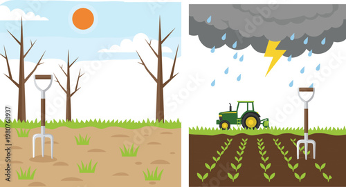 Vector illustration comparing dry barren farmland and fertile rainy farmland showing agricultural weather effects