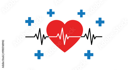 Healthy heart with heartbeat line and medical symbols representing cardiovascular health and medical care