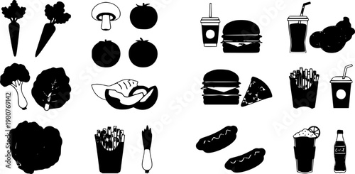 A comprehensive vector graphic illustration featuring a diverse collection of food icons, showcasing both healthy vegetables and popular fast food items, presented as clean black silhouettes.