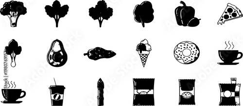 This vector graphic illustration presents a diverse collection of black silhouette food and drink icons, showcasing healthy vegetables, sweet treats, savory snacks, and hot beverages.