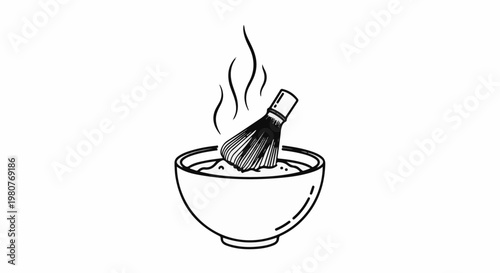 A black and white line drawing of a shaving brush lathering soap in a bowl
