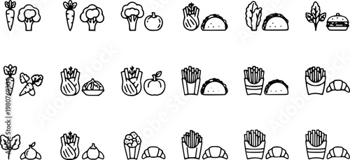 A comprehensive vector graphic illustration featuring a diverse collection of outline food icons, showcasing healthy vegetables and popular fast food items for various design projects.