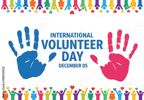 International volunteer day colorful handprints and people