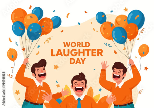 World laughter day celebration with happy people and balloons