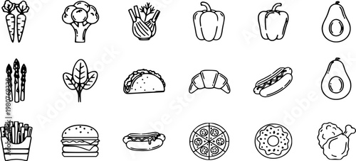 A comprehensive vector illustration showcasing an assortment of healthy vegetables alongside popular fast food items and sweet treats, perfect for menu design or dietary concepts.