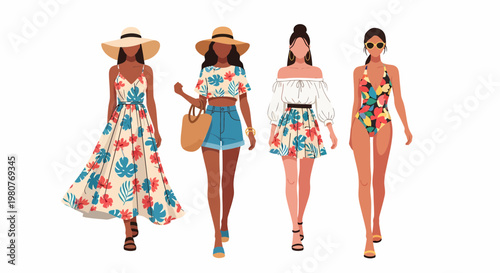 A vibrant collection of diverse women showcasing trendy summer fashion outfits, perfect for beach vacations and warm weather style, featuring elegant dresses and stylish swimwear
