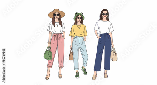 Fashionable women in casual outfits and accessories, showcased with a clean white background ideal for style inspiration or e-commerce