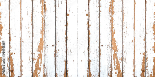 A detailed close up view of weathered white wooden planks with peeling paint and brown textures