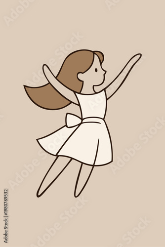 Logotipo de boutique de moda. Dibujo minimalista con líneas de una chica con un vestido adornado con un nudo de lazo saltando con los brazos en alto 