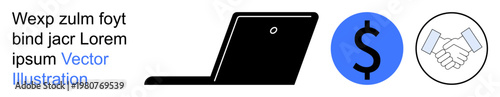 Business, finance, digital economy, collaboration, e-commerce, online services. A laptop, dollar symbol and handshake icon are . Business and finance through technology and partnership