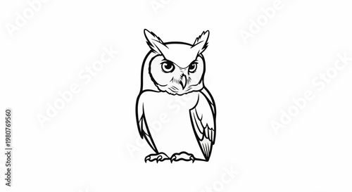 A black and white line drawing of a stern-looking owl perched on its feet