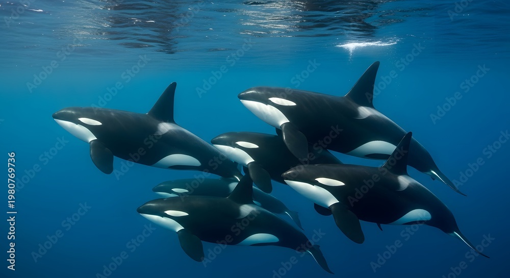 Naklejka premium A pod of killer whales, also known as orcas, swimming gracefully in the deep blue ocean, showcasing their majestic beauty and intelligence