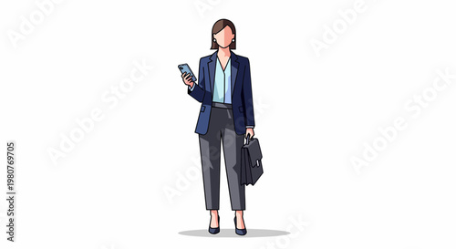 Professional business woman holding a smartphone and briefcase, ready for her work day