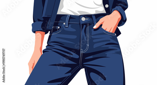 Close-up illustration of a person wearing stylish blue denim jeans and a jacket, showcasing casual fashion and modern apparel