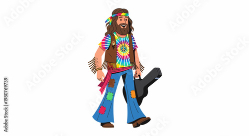 Colorful illustration of a peace-loving hippie musician walking with his guitar, embodying the free spirit and counterculture movement of the 1960s